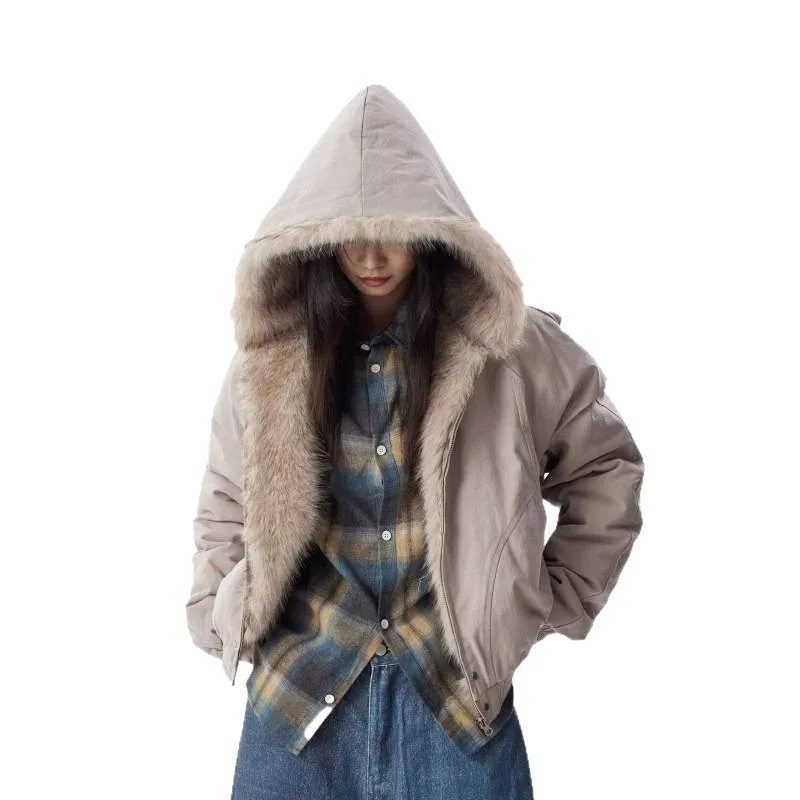 2026 Winter Unisex Hooded Cotton Coat American Retro Cleanfit Fur Collar Parka Thick Warm Jacket Loose Cotton Outerwear