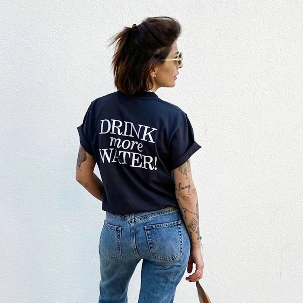 Drink More Water Letters Printing Vintage Style White Loose T Shirt Women Summer Short Sleeve Cotton Casual Tops 90's Tees