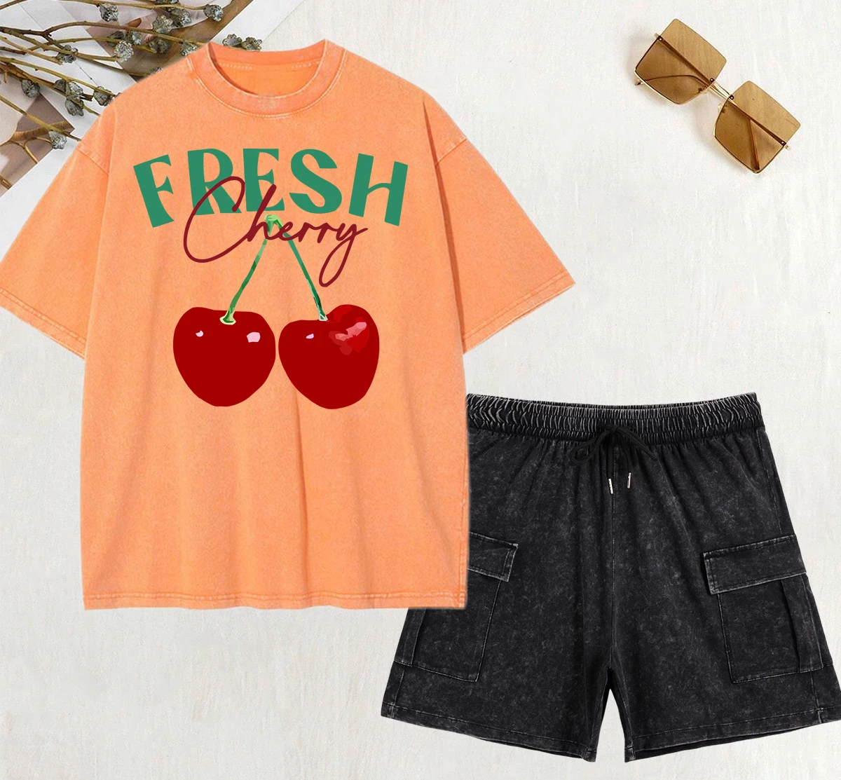 

Creative Fresh Cherry Fruit Prints Washed Shorts Set Women Crewneck Street T-Shirts Oversize Summer Short Pants Cotton T Shirts