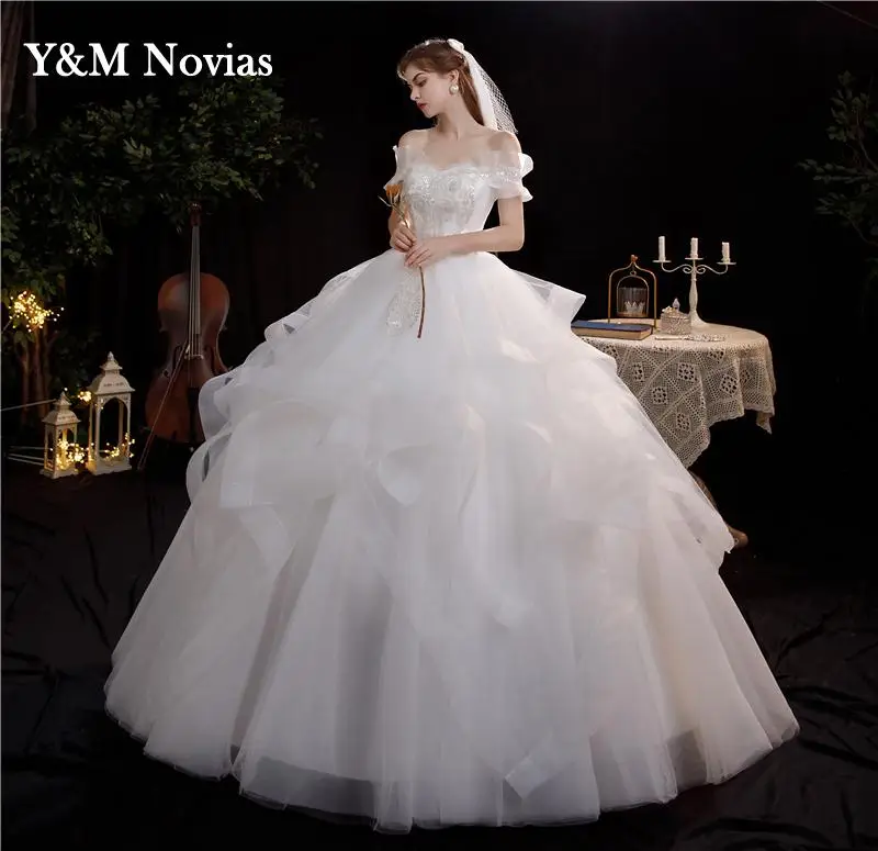 Nieuwe Herfst Kant Borduurwerk Korte Mouwen Tull Trouwjurk Sweetheart Elegante Plus Size Vestido De Noiva Bruid Gown Floor Ivoor