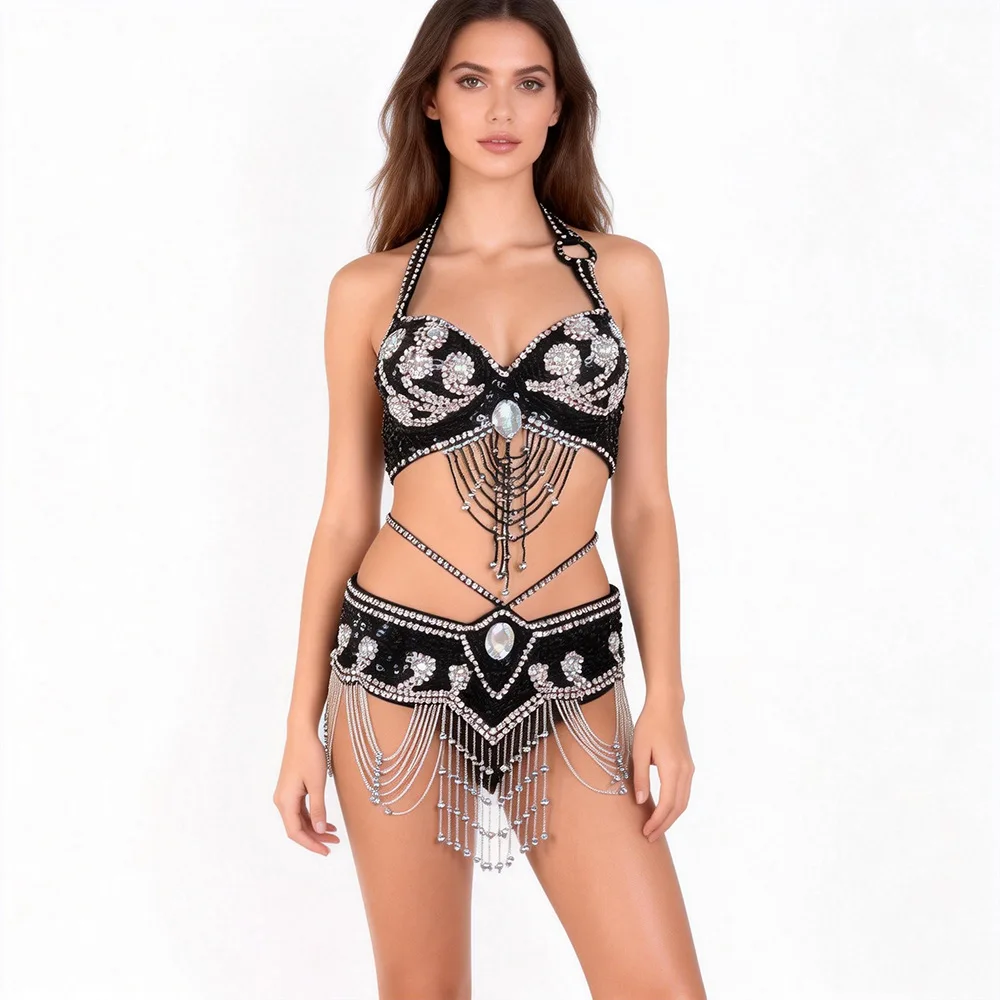 

Handmade Beaded Embroidery Belly Dance Costume Bra And Waistband Set Women Oriental Indian Dance Stage Performance Outfit