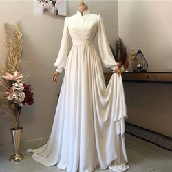 Customized Moroccan Formal Evening Dresses Puff Long Sleeves Party Gowns Jersey A-Line Sweep Train Criss-Cross Robes De Soirée