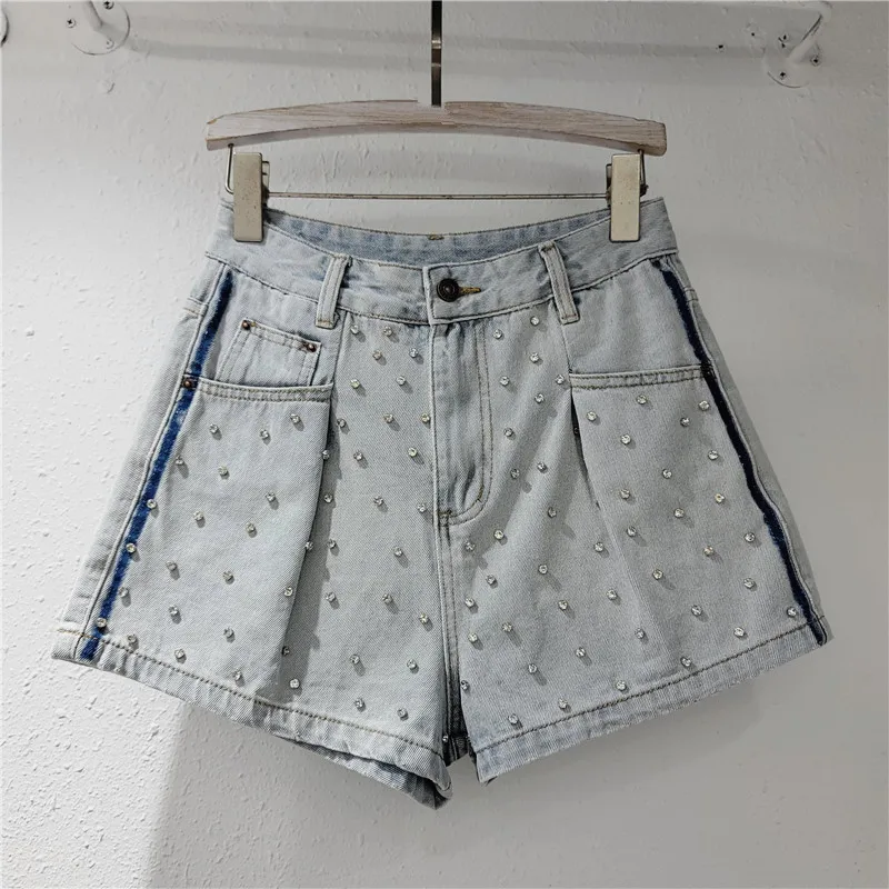 

New Spring Summer Full Body Colorful Diamond High Waist Denim Shorts Women Loose Slimming Wide Leg Shorts Femme Short Jeans