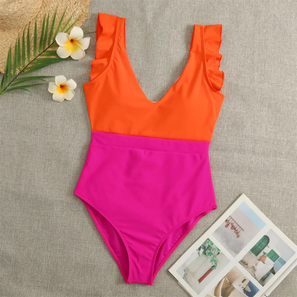 Maillot de bain une pièce patchwork à volants pour femme, monokini brésilien, vêtements de plage, maillots de bain trempés, joli bikini, bordure dos nu, Y2K