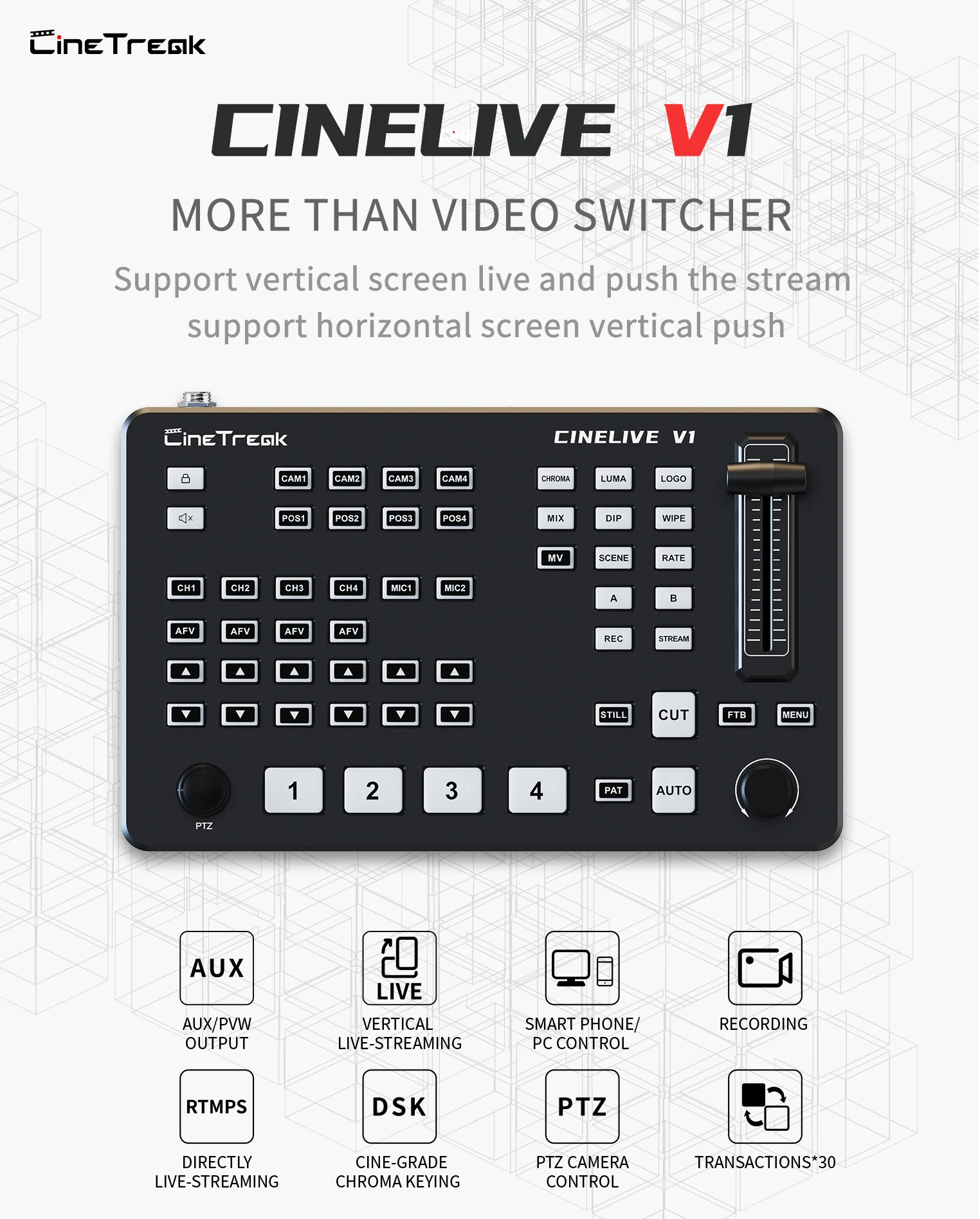 Cinetreak Cinelive V1 Video Mixer Swithcer FHD 4-CH HDMI-compatible for Live Stresming Switcher Multi-view Recording