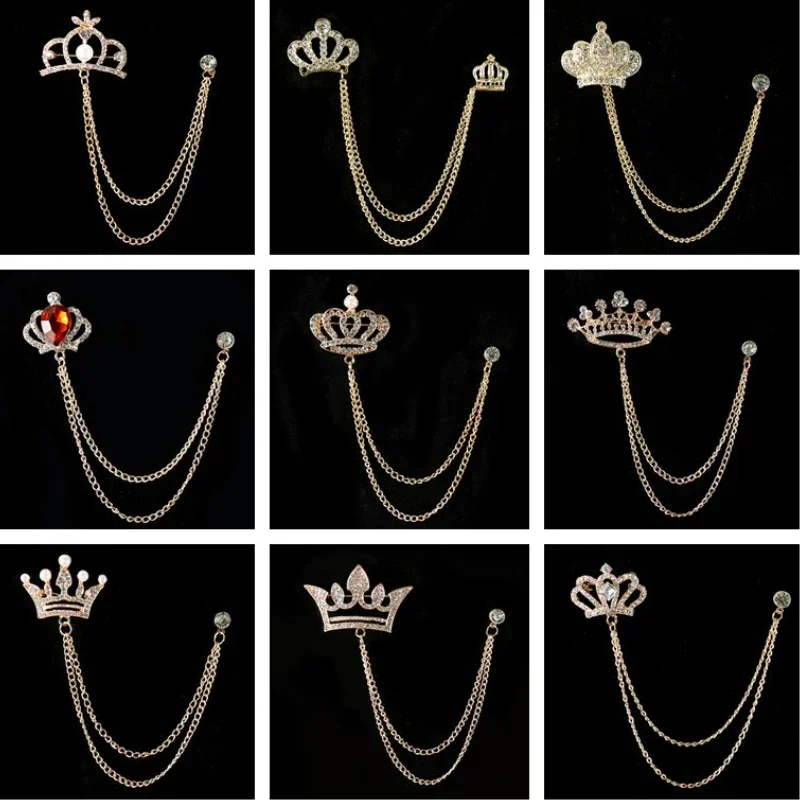 High-end Crown Brooch Rhinestone Tassel Chain Lapel Pins Gold Silver Color Metal Badge Fashion Collar Clothing Accessories