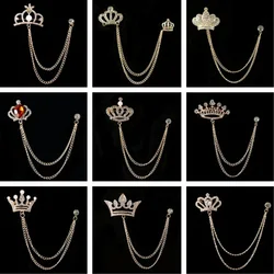 High-end Crown Brooch Rhinestone Tassel Chain Lapel Pins Gold Silver Color Metal Badge Fashion Collar Clothing Accessories