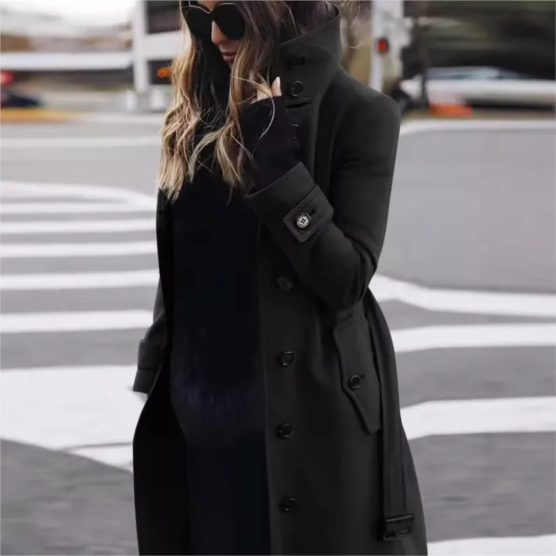 

Women's Slim Fit Cardigan Large Coat Women Long Sleeve Single Breasted Stand Collar Trench coats Autumn Winter New Woolen Coat