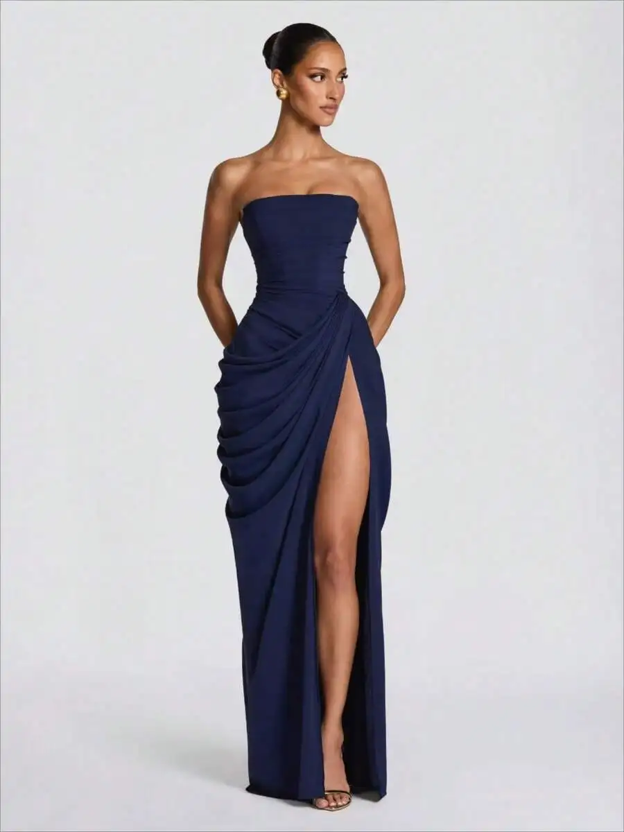 

Blue Strapless Full-Length Evening Dress With High Side Slit, Ruched Waist And Asymmetrical Draped Skirt