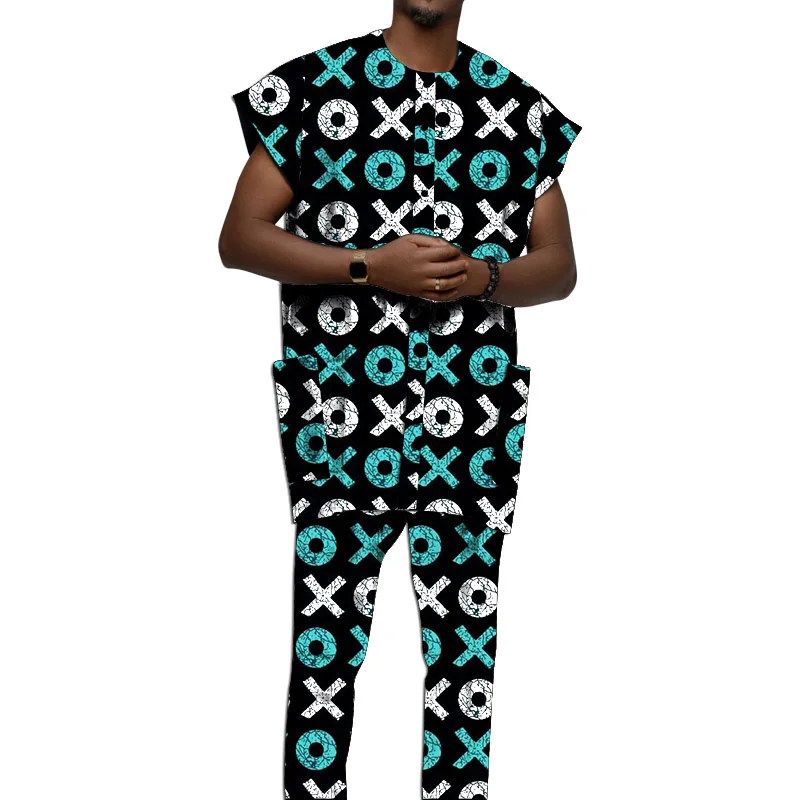 Original Design African Clothes Men's Set Jerkin Tops With Pant Nigerian Fashion Wax Print Custom Size Wedding Party Wear