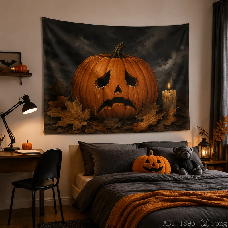 VIKAMA Sad Vintage Pumpkin Tapestry Dry Maple Leaf Candle Dark Halloween Art Wall Hanging Bedroom Dorm Decor Cloth