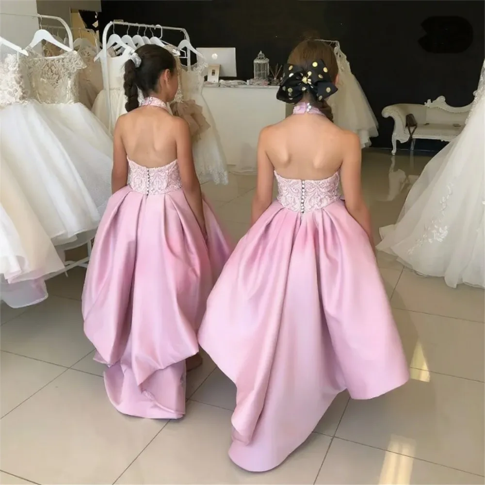 

Luxury Pink Satin Flower Girl Dress for Wedding Sleeveless Appliques Girl Gown for Photoshoot First Communion Gown Customized