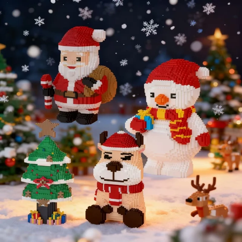 سانتا كلوز شجرة عيد الميلاد ثلج اللبنات الكرتون الأيائل لعب الجسيمات الصغيرة الطوب الاطفال هدايا عيد الميلاد سطح المكتب الحلي