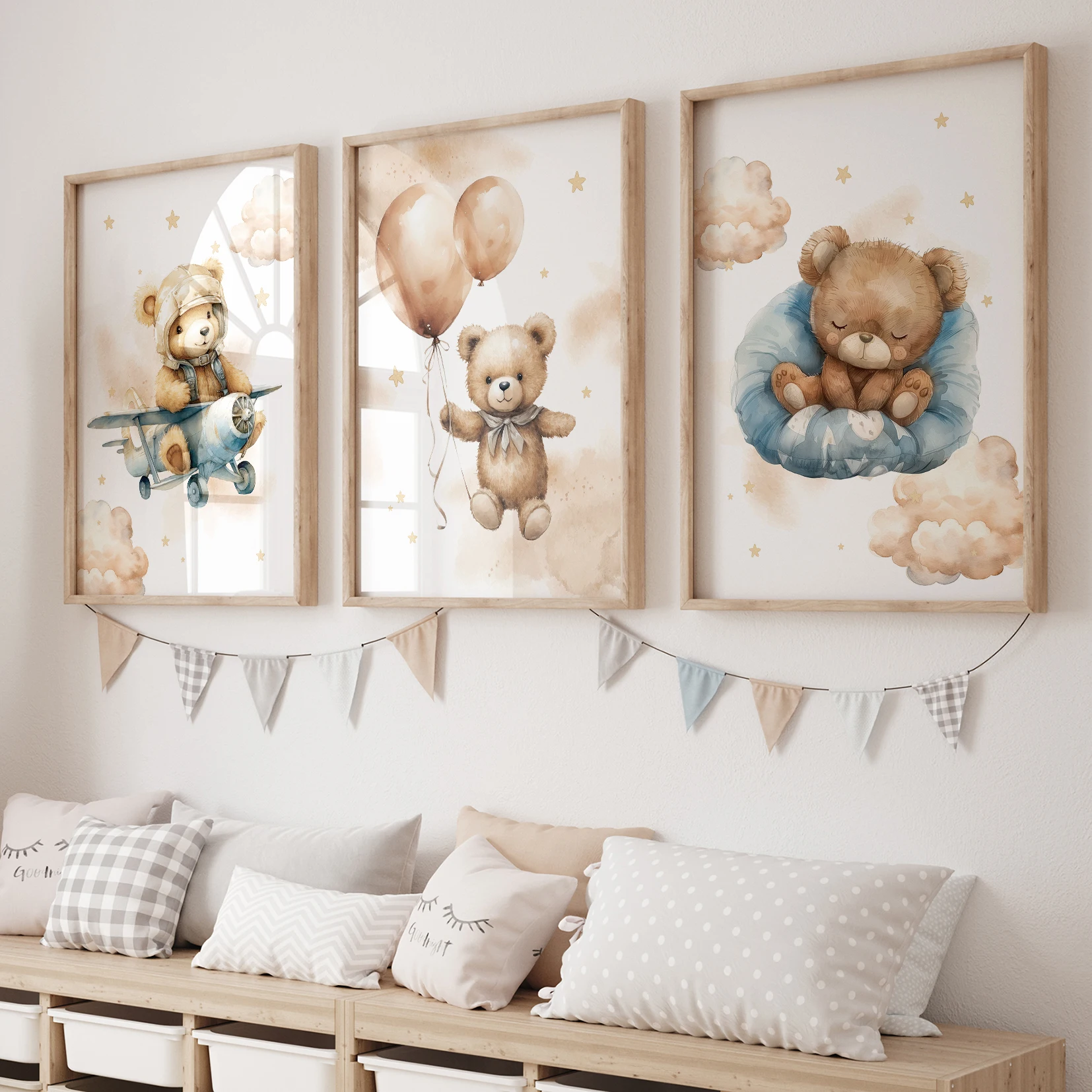 3pcs Cartoon Children Yellow Teddy Bear Vehicle Wall Art Prints Canvas Painting Poster Picture For Living Room Home Decor
