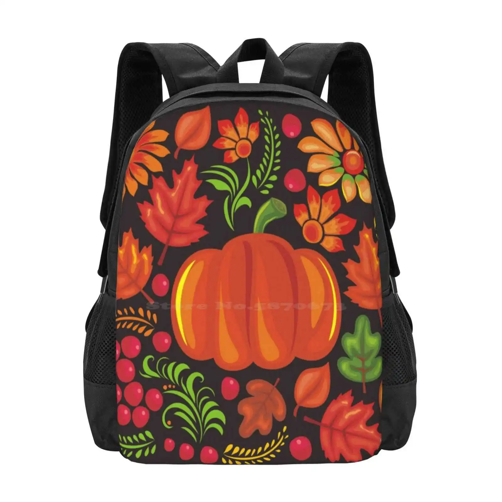 Pompoen Met Bloemen In Oekraïense Stijl Grote Capaciteit Schoolrugzak Laptop Tassen Anastasiia Ku Schattige Halloween Pompoen