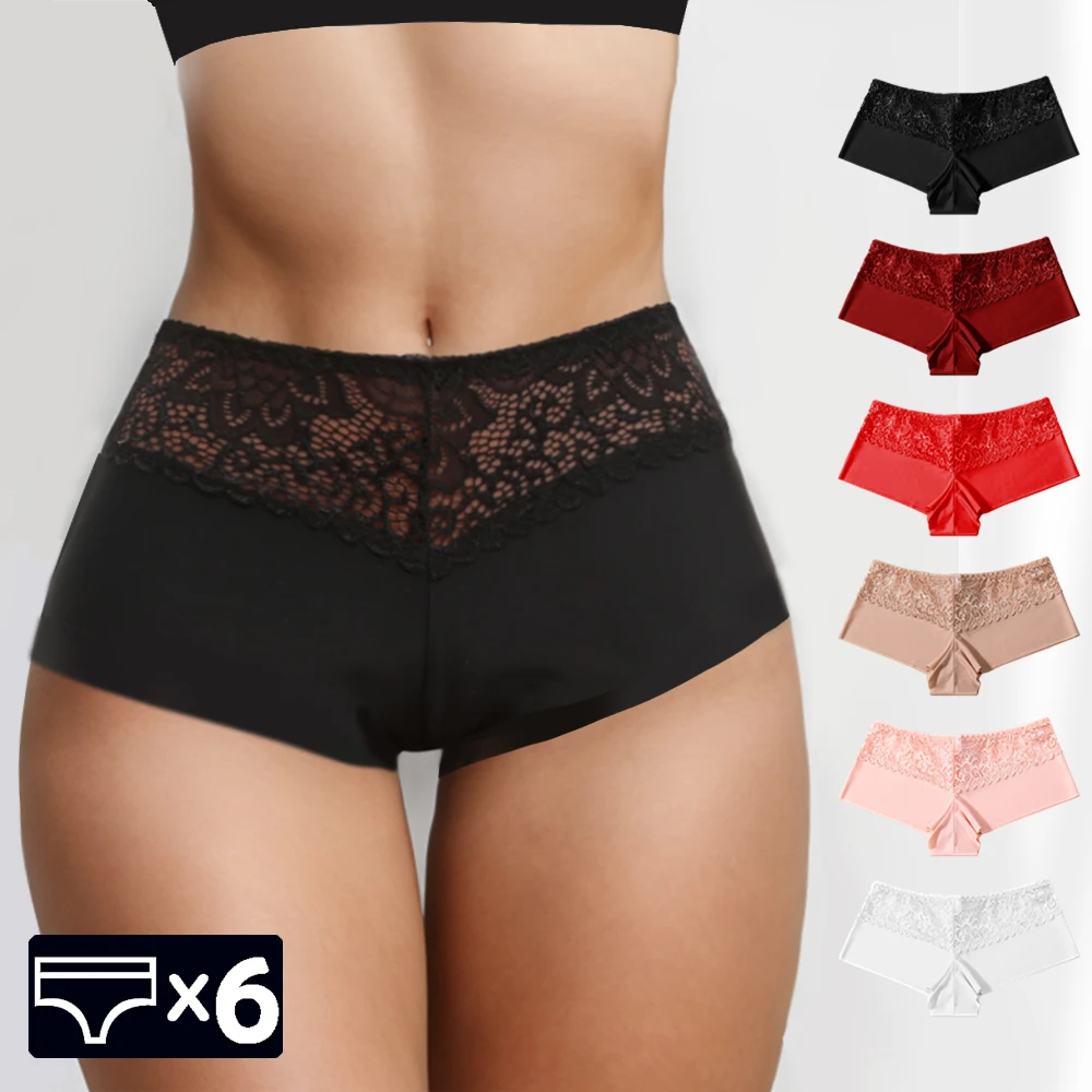 6Pcs/Set Sexy Lace Panties for Woman Boxers Perspective Lace Hollowed Underwear Comfort Lingerie Safety Shorts Boyshorts Woman