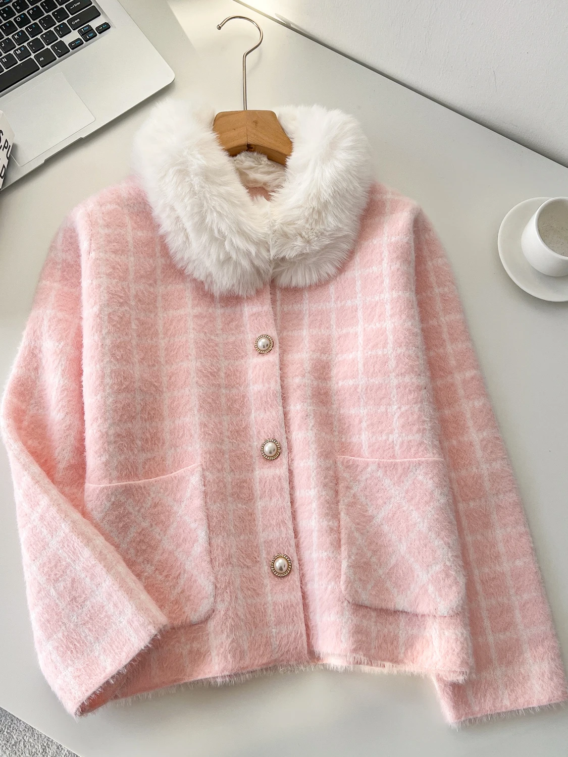 

Милое пальто ort, женское длинное пальто с воротником из искусственного меха в клетку, осень-зима, новый теплый кардиган с небольшим разрывом, топ