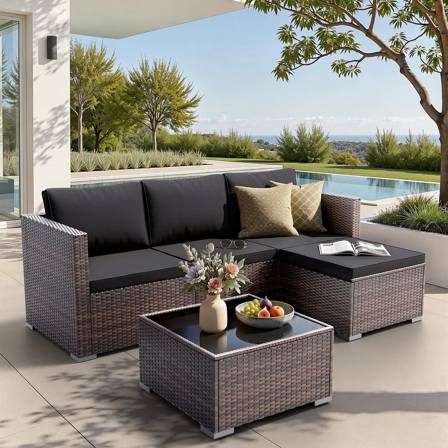Wide Armrests Wicker Patio Furniture Set, All-Weather Outdoor Sectional Sofa for Garden & Poolside, 5 Piece, Customized