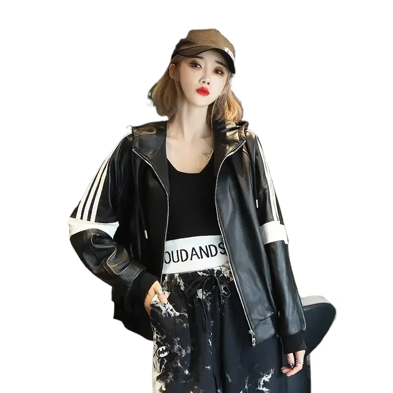 سترة جلدية حقيقية المرأة حقيقية سترات من جلد الغنم النساء معطف مقنع فضفاض معاطف جلدية عادية الرياضة أبلى