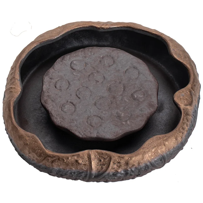 Japanese Style Coarse Pottery Handmade Gilding Iron Glaze Lotus Pond Pot Tray Small Tea Tray Base Kung Fu Tea Ceremony