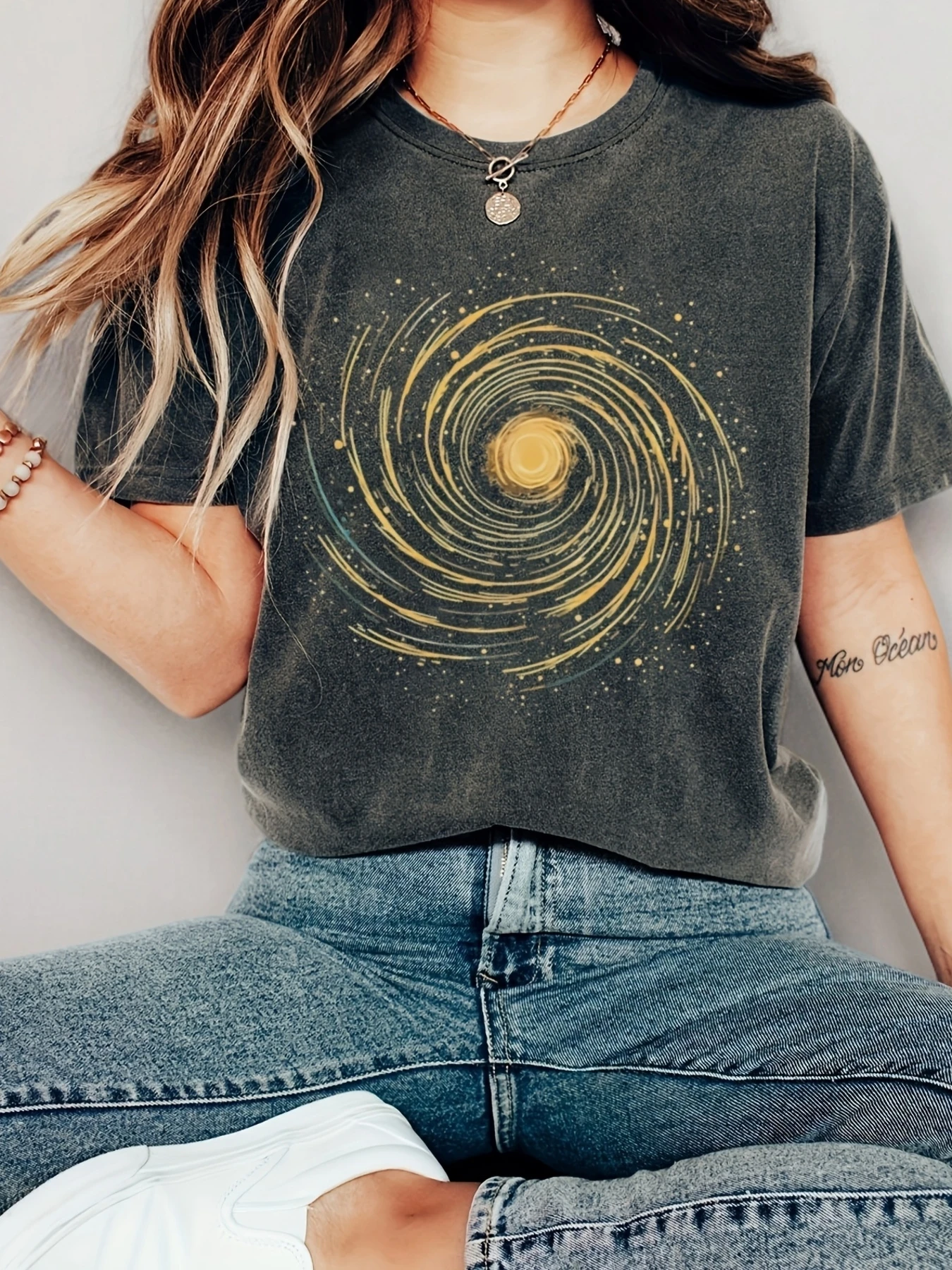 

Женская футболка больших размеров с астрологическим принтом, хлопковая дышащая модная и универсальная уличная одежда унисекс большого размера