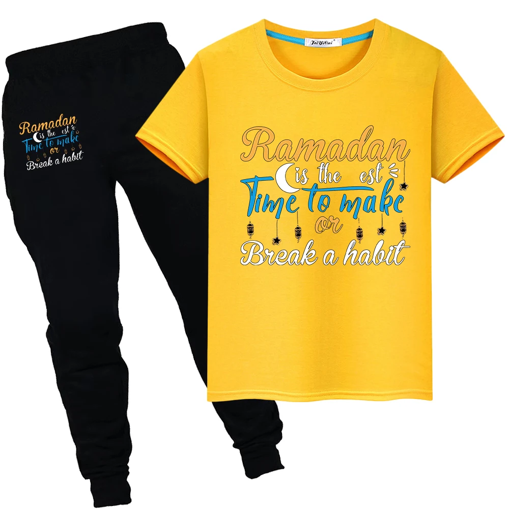 

Ramadan Kareem Sets Short T-shirts 2PCS Summer Kids With Moon Ramadan Mubarak boy gir Cute Muslim clothes Festive Outfit Festive