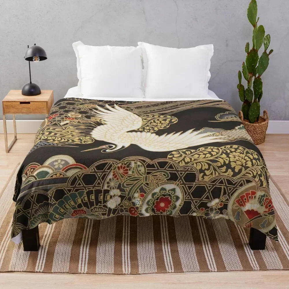 

VintageJapanese Cranes Gold and Black Throw Blanket Warm Plush Fuzzy Blanket for Living Room