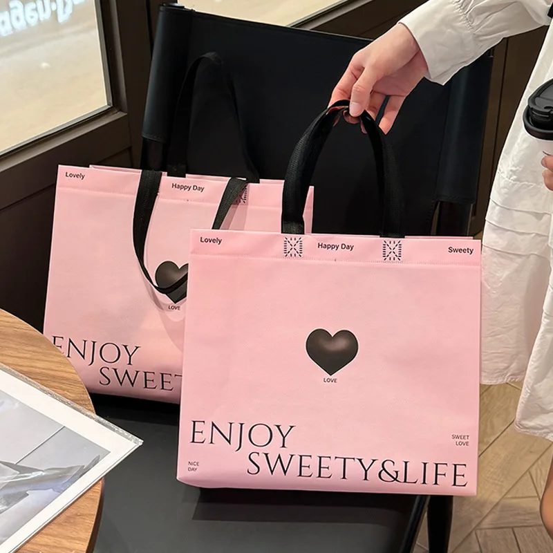 15pcs Pink Heart-shaped Non-woven Fabric Clothing Packing Handbag Thick Gift Packaging Shopping Bag Simple Clothing Store Bag