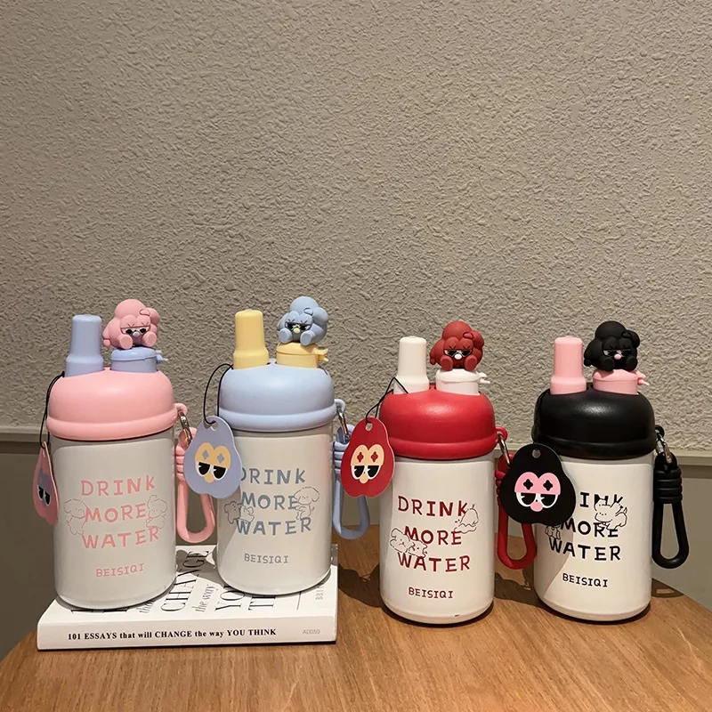 

500ml Stainless Steel Kids Thermos Insulated Water Bottle For School With Duck Mouth Straw Leakproof Design With Lifting Rope