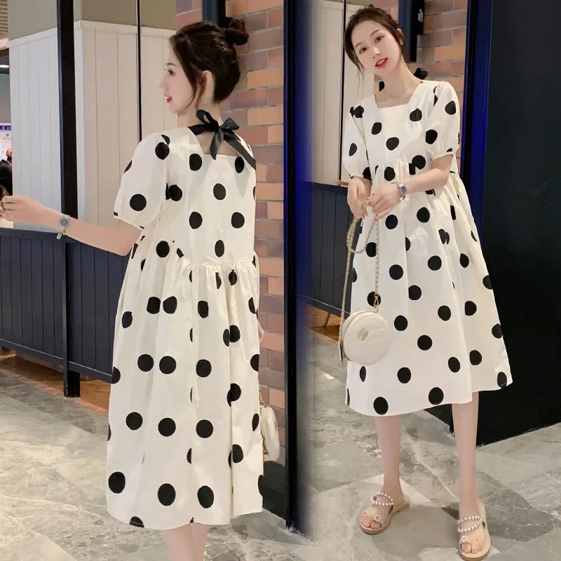 Maternity Dresses Summer Clothes for Pregnant Women Fashion Polka Dot Square Neck High Waist Dress Pregnancy Vestidos Robe Femme