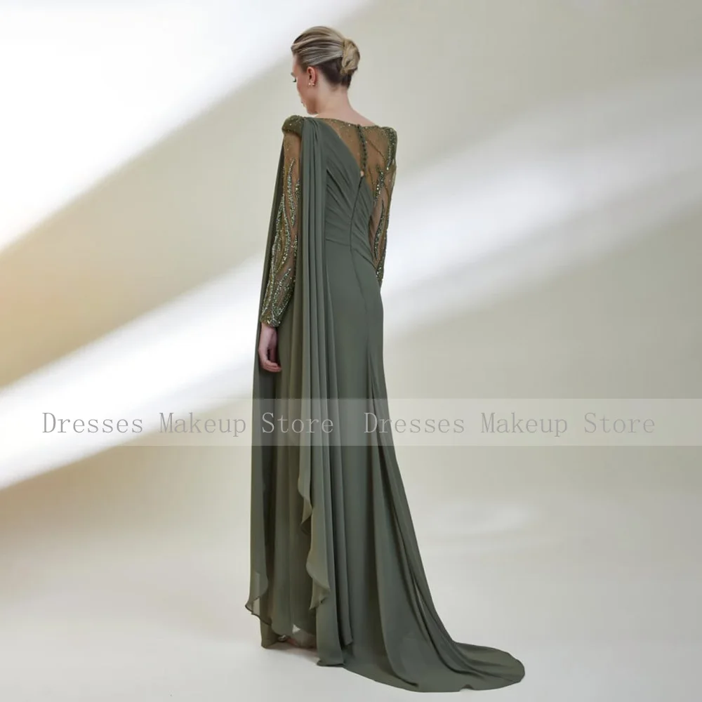 Elegant Wedding Guest Dresses for Women 2023 Green Chiffon Mermaid Evening Dress Long Sleeves Beaded Luxury  Party Gowns