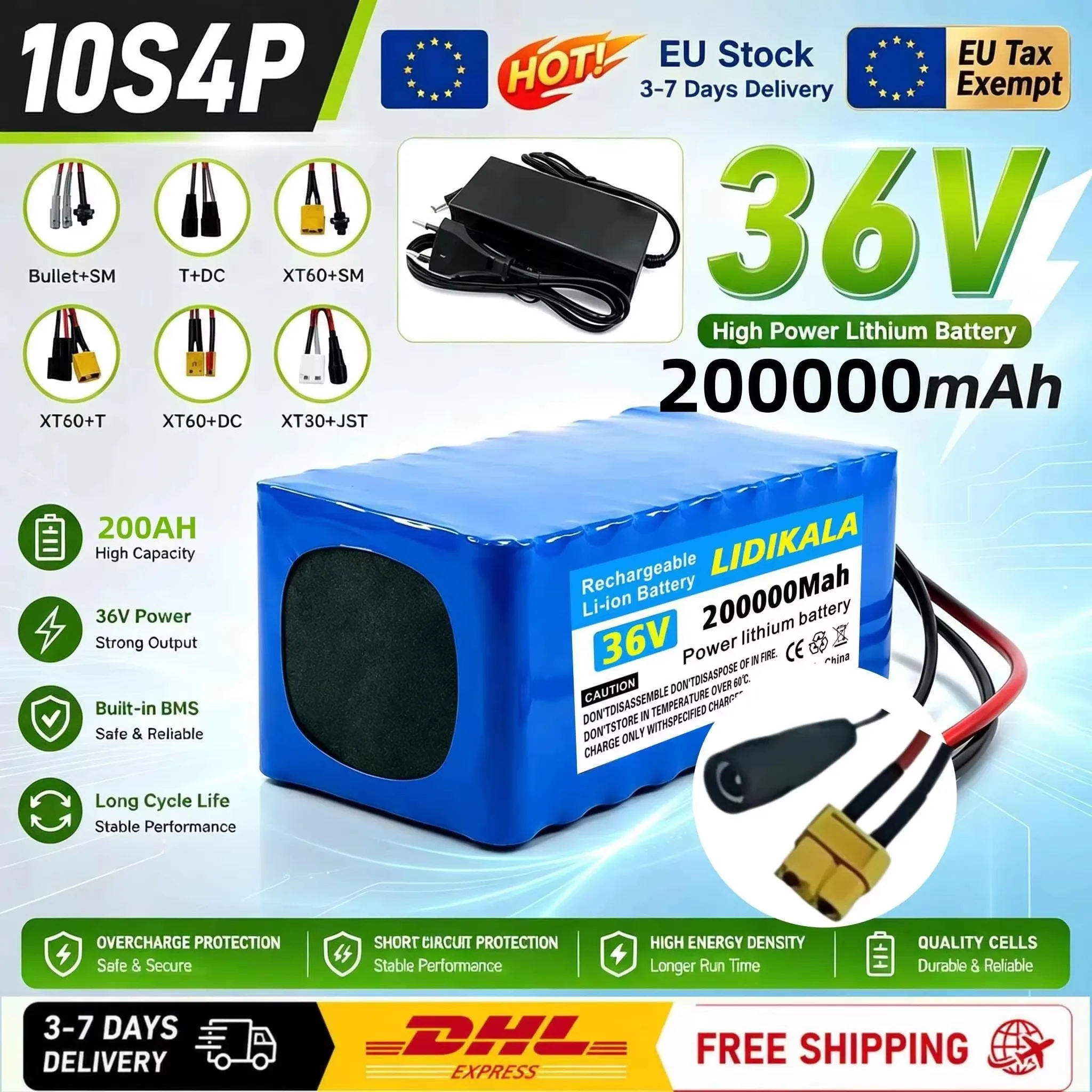 LIDIKALA 36V 200Ah 10S4P 18650 Lithium-Akku-Pack mit eingebautem Smart-BMS, XT60+DC-Stecker, wiederaufladbarer Ersatzakku für Elektroroller und Elektrofahrräder.