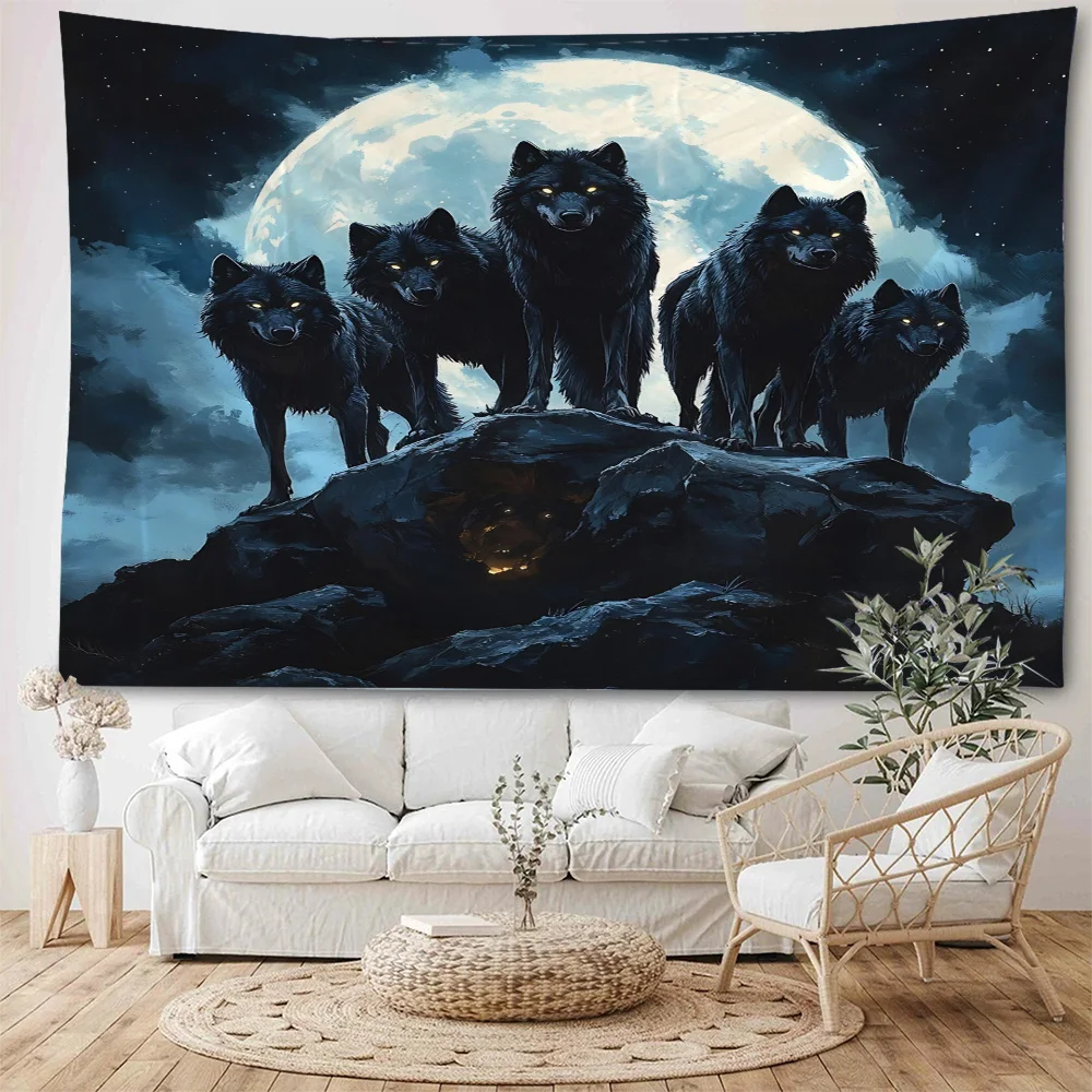 Forest jackals, pack of wolves, background decoration tapestry, psychedelic wolf, bohemian hippie wall decoration tapestry