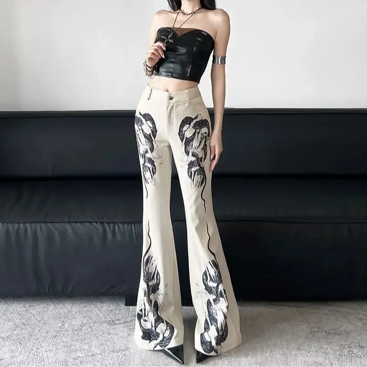 American Style Retro Personalized Snake Print High Waist Casual Pants Women Slimming Bootcut Trousers