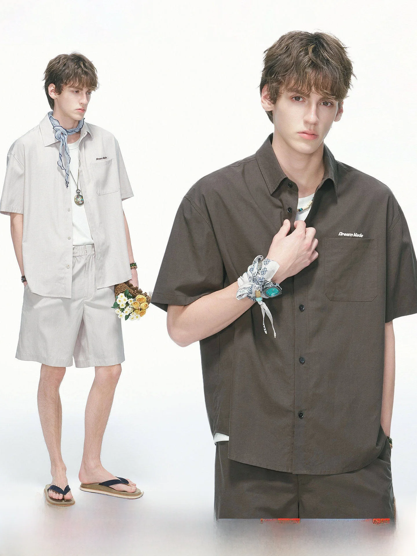 Dream Made Men's Summer Shirt And Shorts Set Breathable Linen Rayon Short Sleeve Clothing Two-Piece Suit for Youth Commute