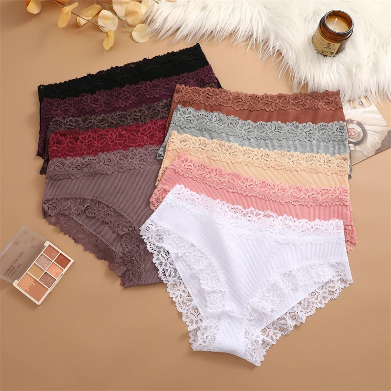 FINETOO 4Pcs Cotton Ribbed Striped Underwear Women\'s Lace Panties Sexy Floral Comfortable Briefs Low-Waist Breathable Lingerie