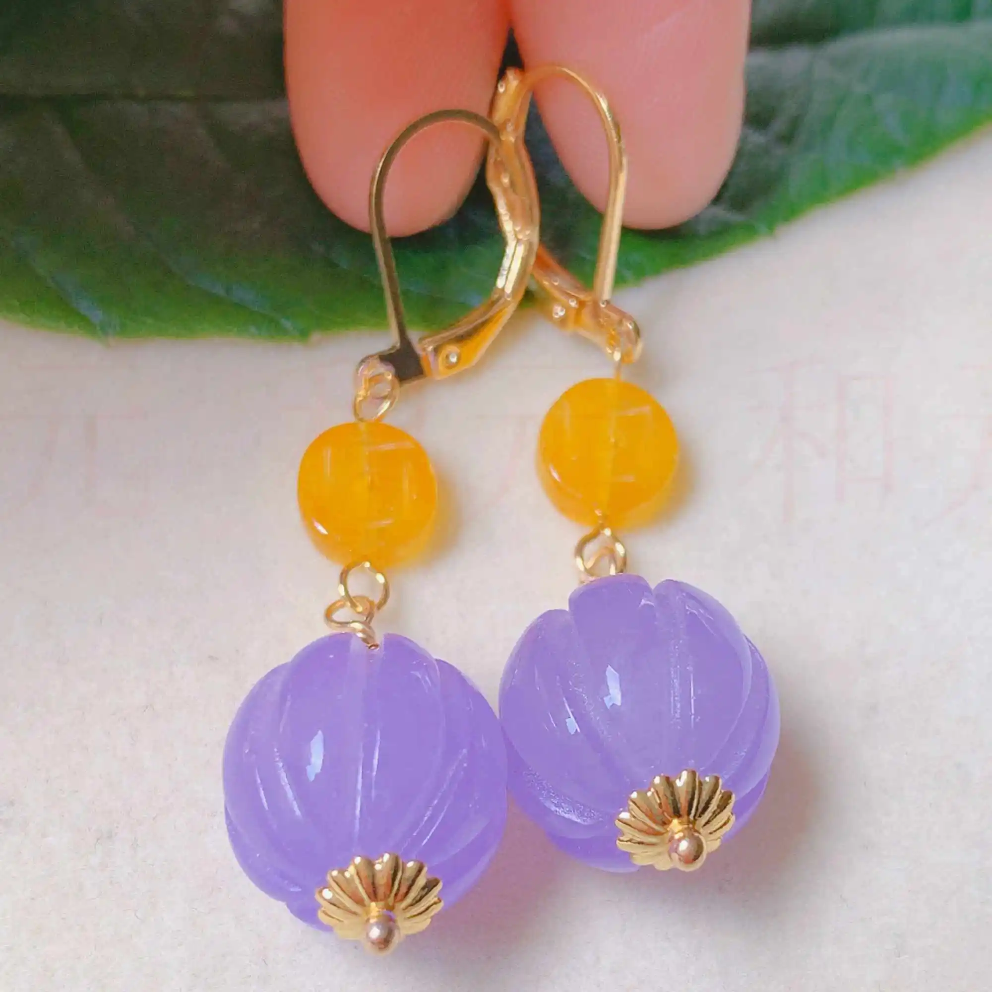 

Fashion natural purple pumpkin beads yellow jade gold earrings Classic Lucky Ear stud Fashion Hook Diy