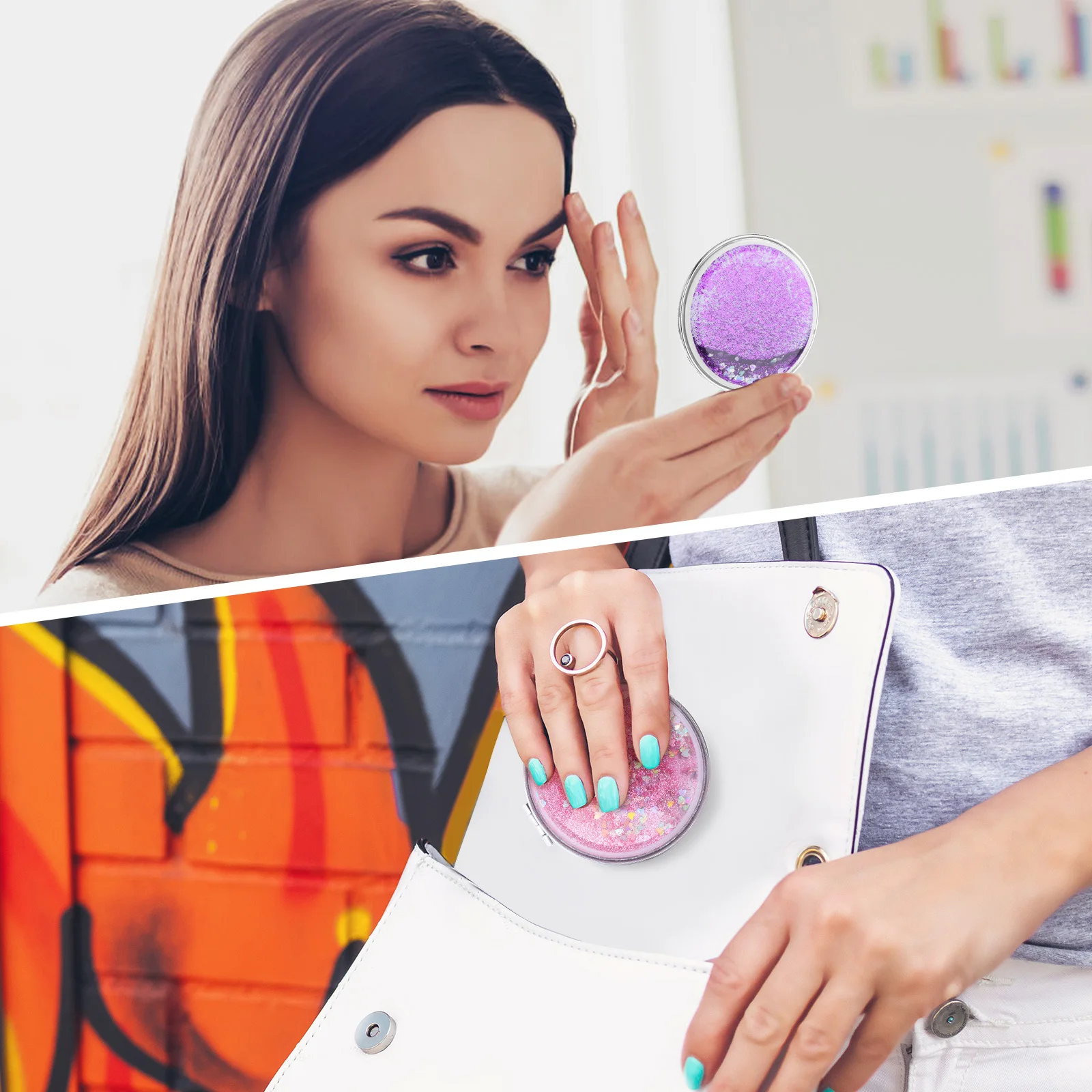 

2Pcs Portable Folding Makeup Mirrors Cute Mini Compact Round Pocket Mirror Magnification Travel Vanity Mirror for