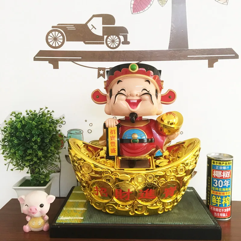 Solar/Battery God of Wealth Feng Shui Mascot Home Living Room Decor Big God of Fortune Statue Car Office Desk Decoration Present