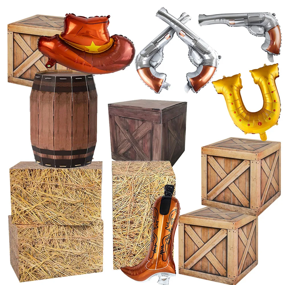 Decoración de fiesta de cumpleaños de vaquero occidental, cajas de paja de fardos de heno, caja de heno de granja, sombrero de vaquero inflable, globo de pistola, suministros para fiesta para niños