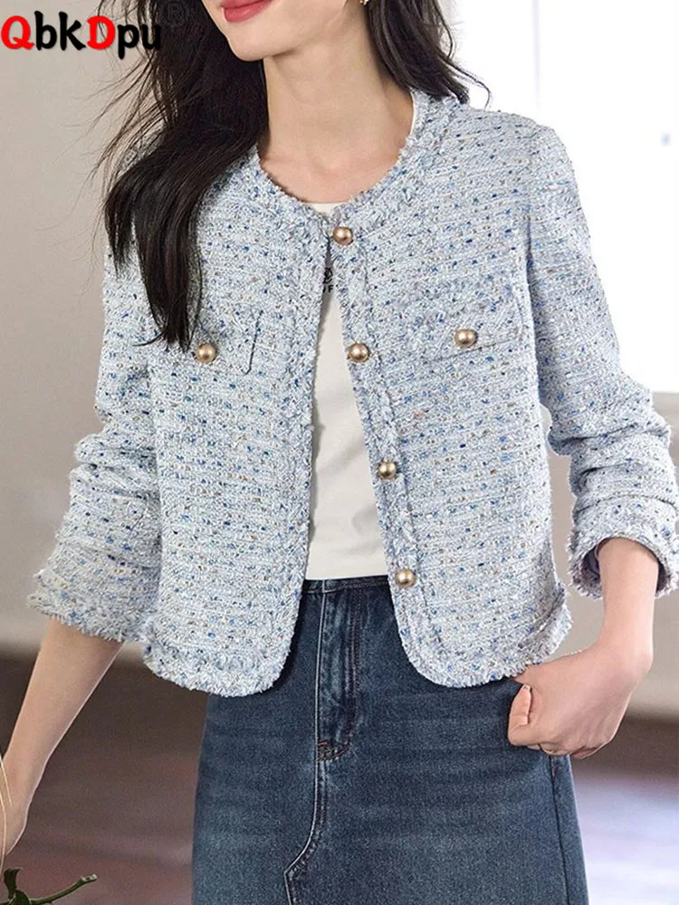 

Spring Fall New Tweed Outerwears Korean Fashion O-neck Single Breasted Jackets Tops Women Casual Long Sleeve Chaquetas Blusas