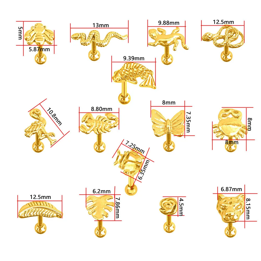 16G Snake Bee Scorpion Daith Conch orecchino pesce granchio insetto Tragus cartilagine Stud farfalla piuma fiore foglia Hliex Piercing