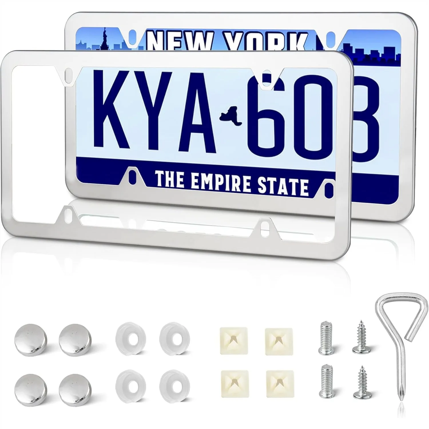 

Stainless Steel License Plate Frame Holder 4 Holes Mirror Polish Silver Tag Cover Kit with Chrome Screws Caps Nylon Insert Nut