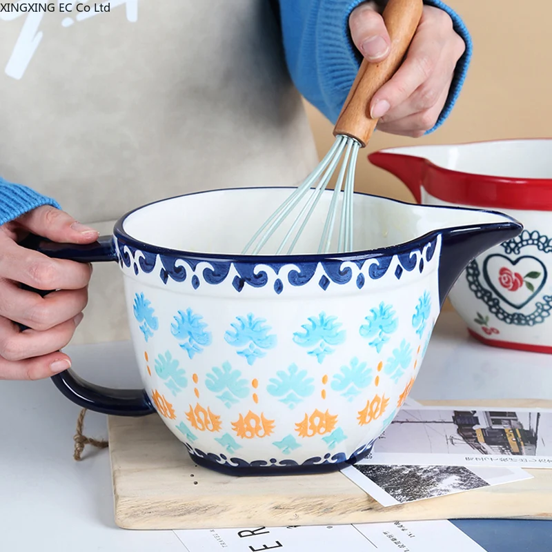 Household Handle Bowl, Ceramic Salad Mixing Bowl, 2000ml Large Capacity Egg Bowl, Kitchen Supplies, ramen，Baking Utensils