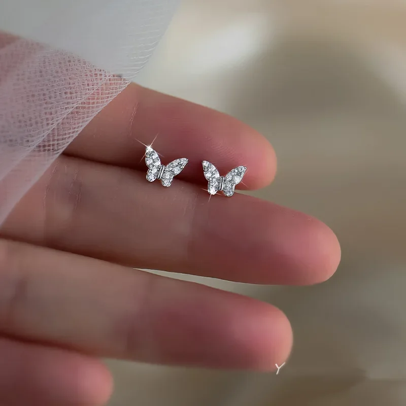 Pendientes de mariposa de circonita brillante con aguja de plata 925, accesorios de joyería para estudiantes, pendientes de botón de cristal Simple