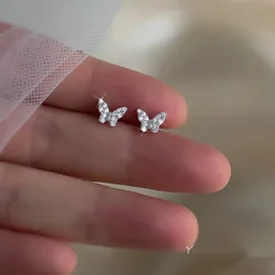 Pendientes de mariposa de circonita brillante con aguja de plata 925, accesorios de joyería para estudiantes, pendientes de botón de cristal Simple francés