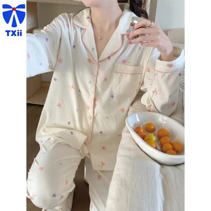 Conjunto de pijamas de algodón 2024 para mujer, ropa de dormir de manga larga con dibujos animados de leche, dulce hogar, primavera y otoño, 7