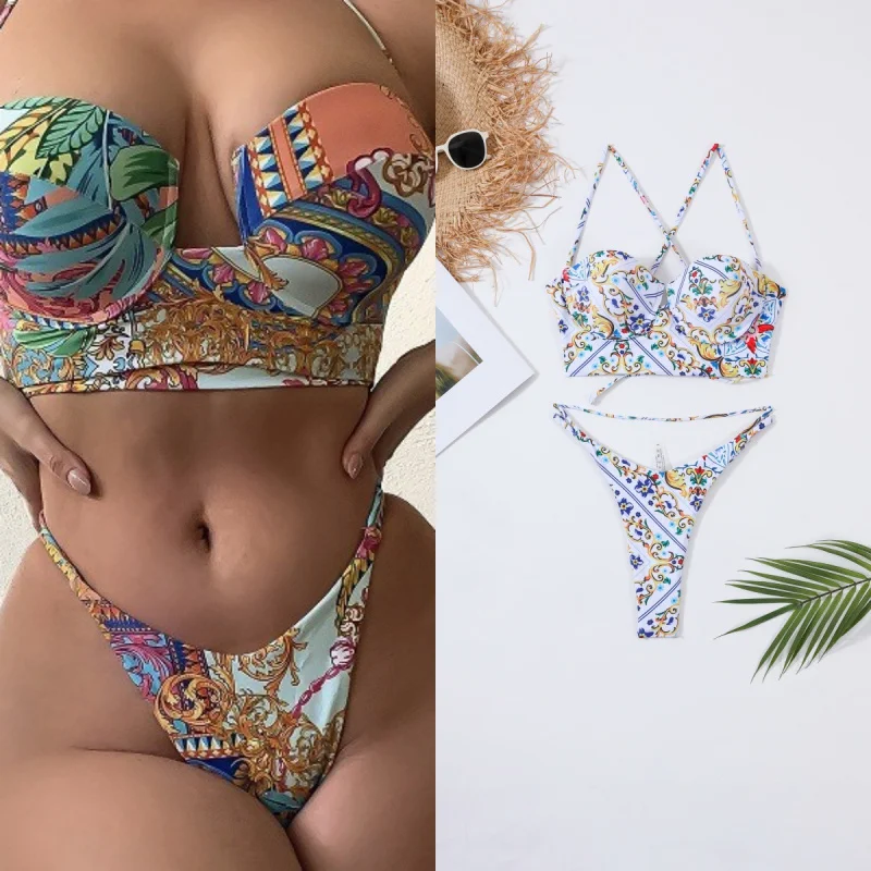 

New Sexy Tropical Floral Print Hard Cup BikiniDY016