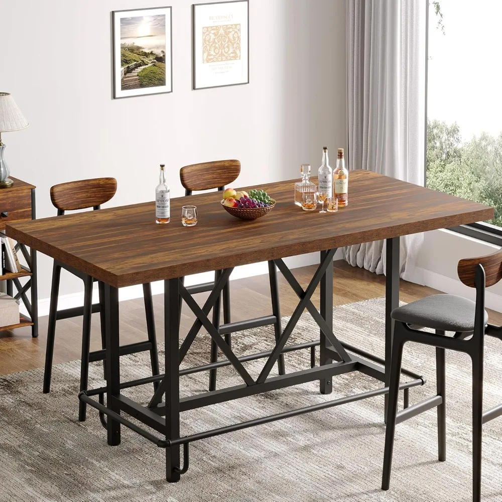

Bar Table, Industrial Counter Height Pub Table with Metal Footrest, 63-Inch Rectangle Wood Kitchen Dining Table with Sturdy Met