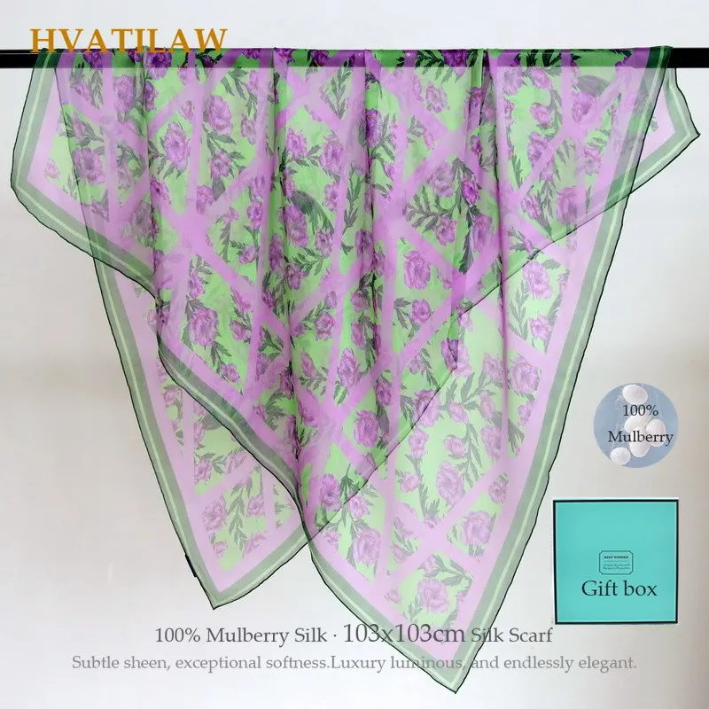 

2026 Real Silk Scarf 103x103cm Large Square 100% Mulberry Silk Luxury Print Shawl Women Sun Protection Breathable Wrap Gift Box